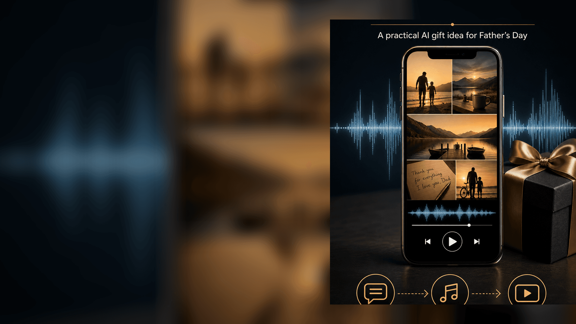 Professional visual of a phone showing a personalized Father's Day music video gift with a wrapped present and audio waveform.