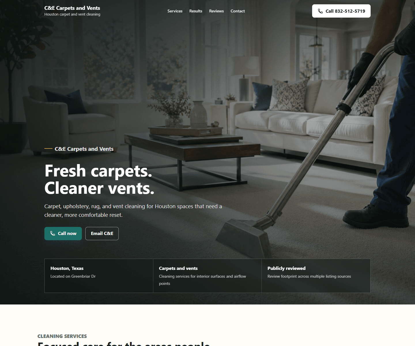 C&E Carpets and Vents website preview for carpet and vent cleaning.