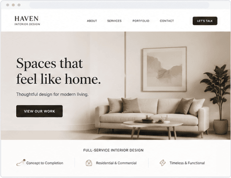 Fictional interior design website preview with warm neutral styling.