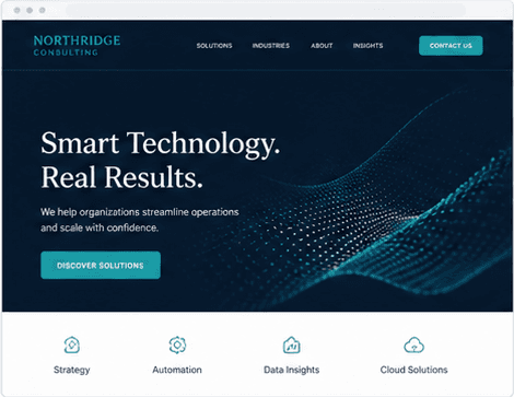 Fictional technology consulting website preview with a dark professional design.