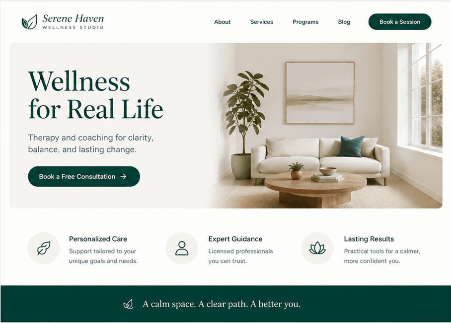 Fictional wellness practice website preview with a premium service layout.
