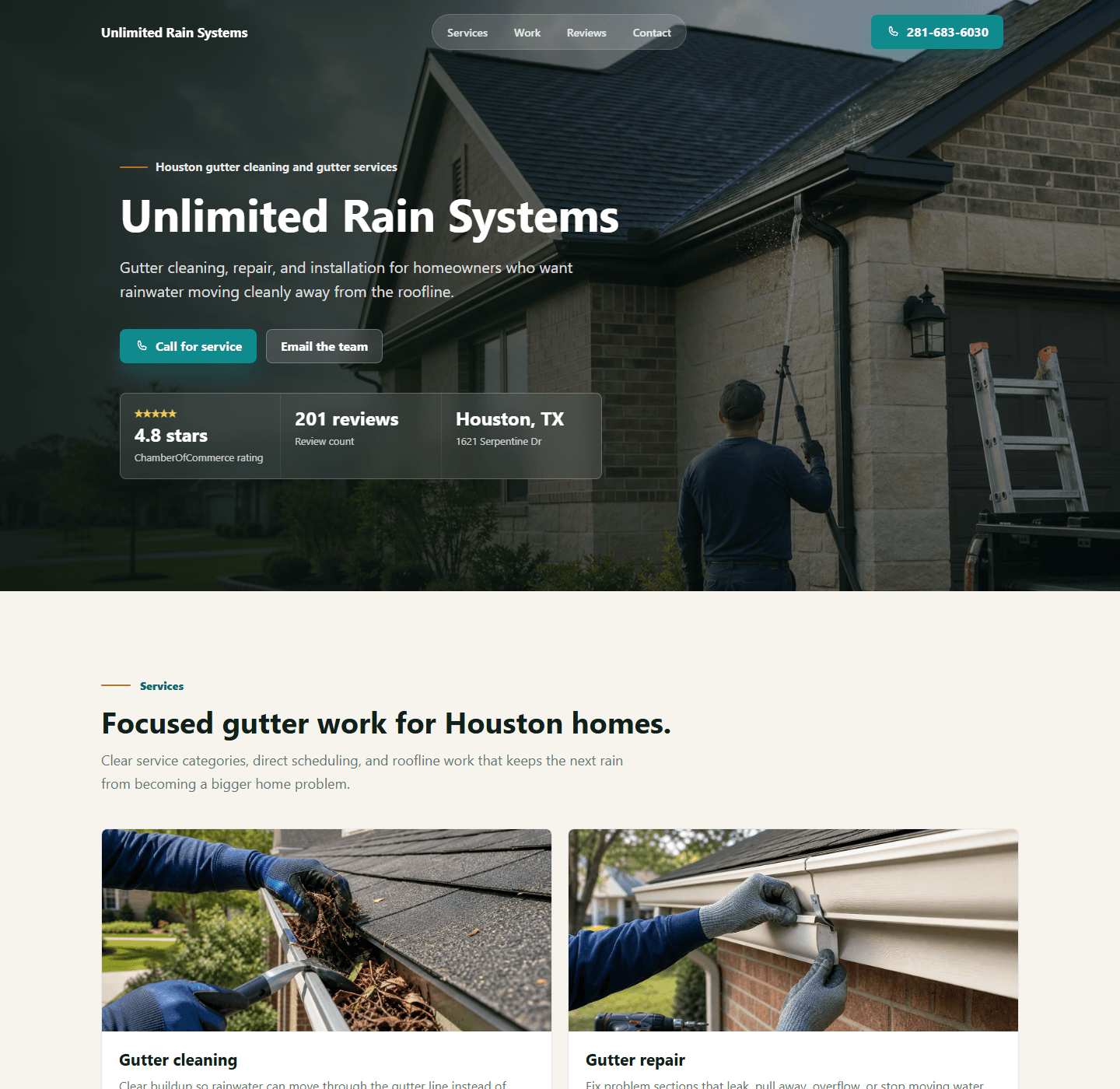 Unlimited Rain Systems website preview for Houston gutter services.