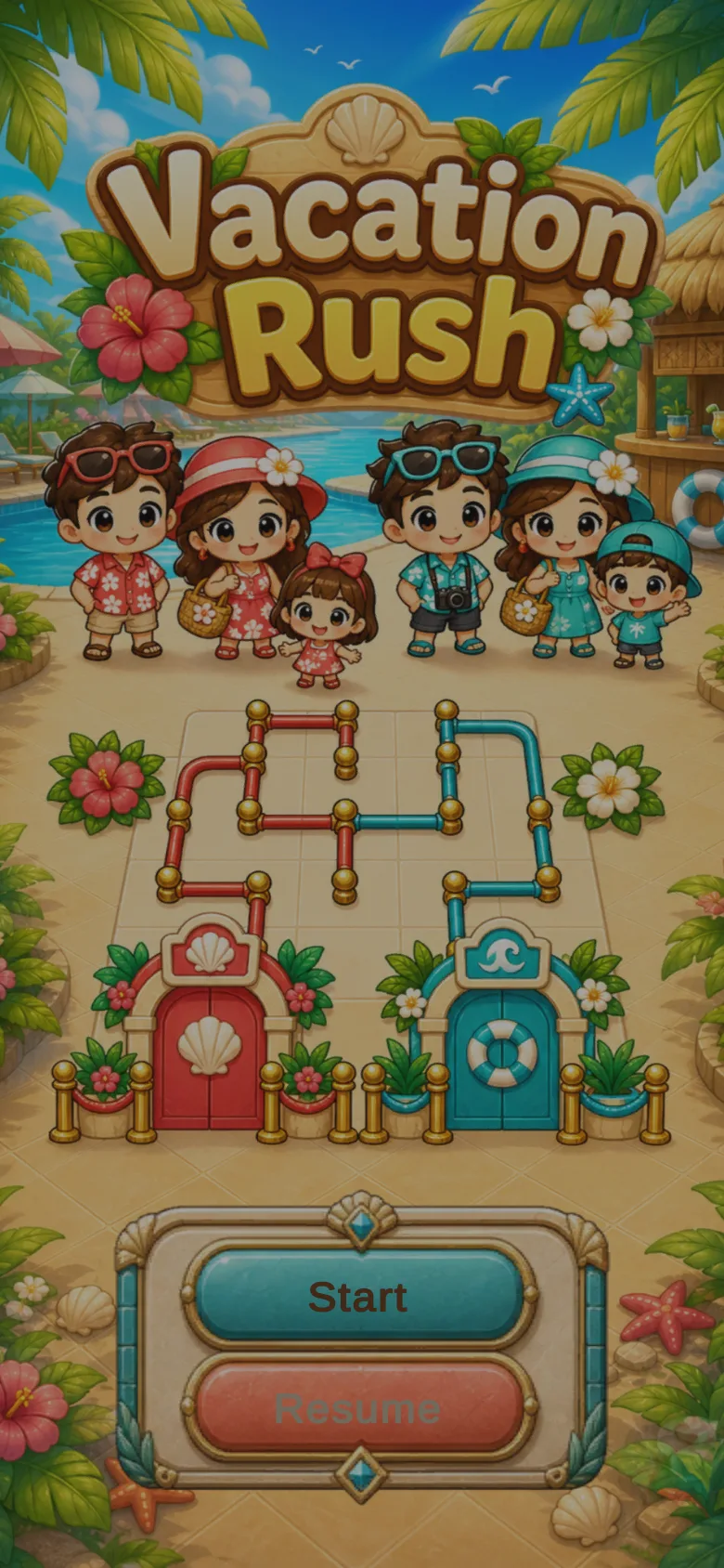 Vacation Rush title screen with families, resort scenery, and route-building puzzle paths.