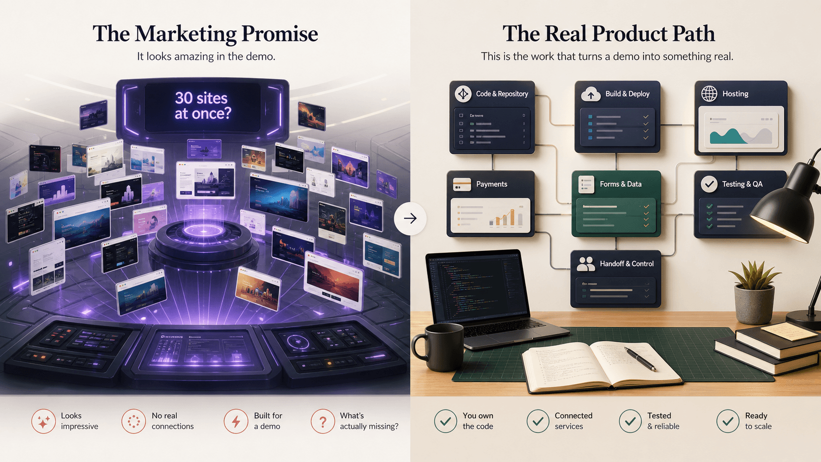 Diagram comparing a polished AI marketing demo with the practical work needed to make a usable product.