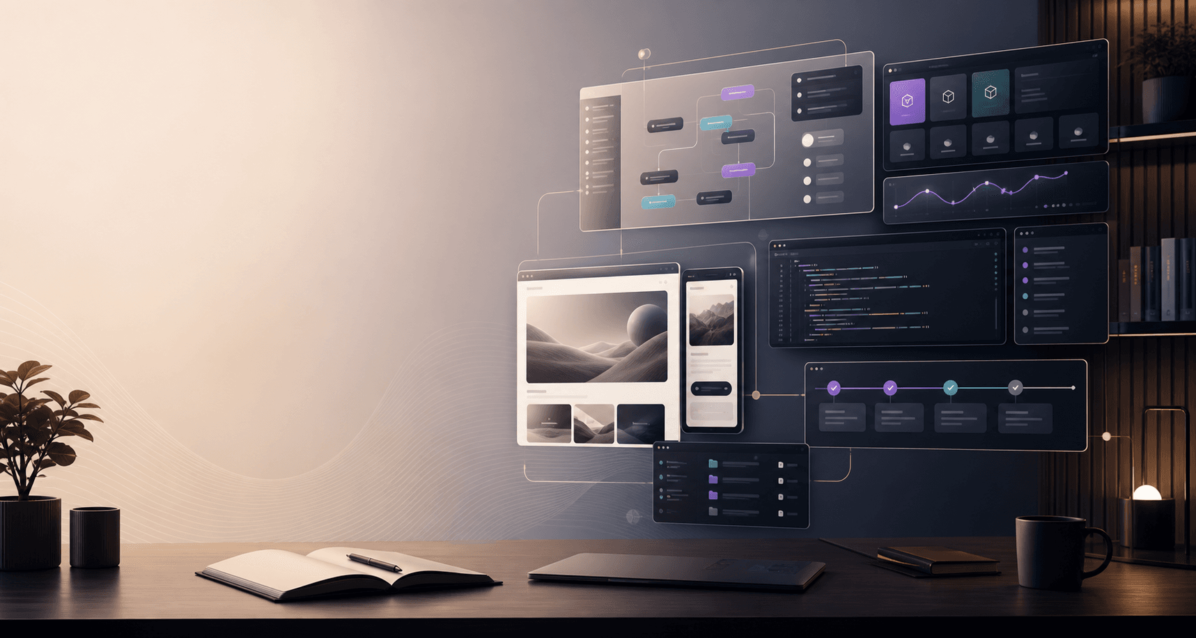 Premium workspace scene showing connected AI-assisted product building workflows across design, code, and deployment.