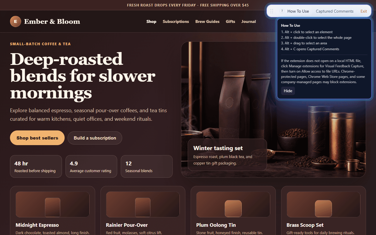 Visual Feedback Capture review mode toolbar and tips on a browser page.